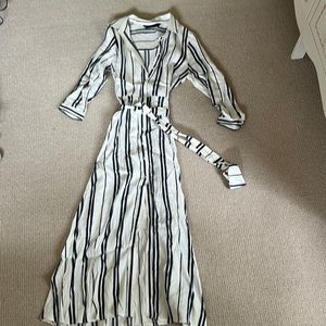 Zara white and navy stripe shirt dress with tie belt
